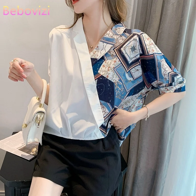 Fashion Stitching V-neck Shirt Women's 2023 Summer New Casual Chiffon Short Sleeve Blouse Top