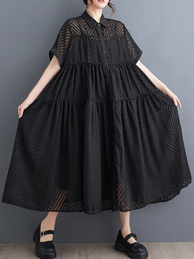 XITAO Black Hollow Splicing Dress Solid Color Turn Down Collar Short Sleeve Single Breasted Summer Women New Dress LYD1801