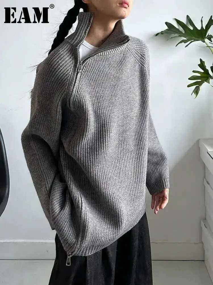 EAM gris cremallera tamaño grande suéter tejido cuello alto manga larga mujeres jerseys nueva moda tendencia primavera otoño 2024 1DH8154