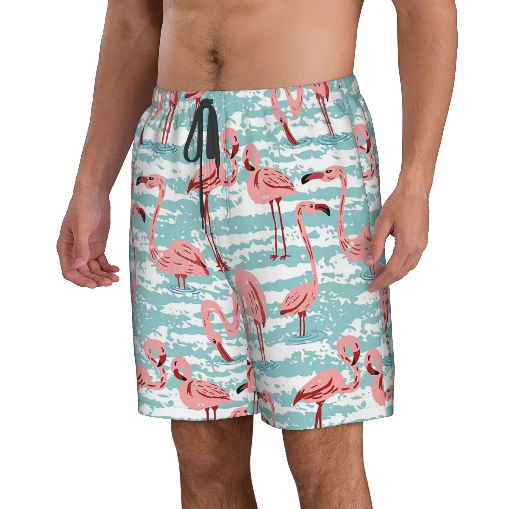Vibrant Tropical Flamingo And Blue White Striped Trunks Beach Board Shorts Casual Quick Dry Swim Summer Men Pants