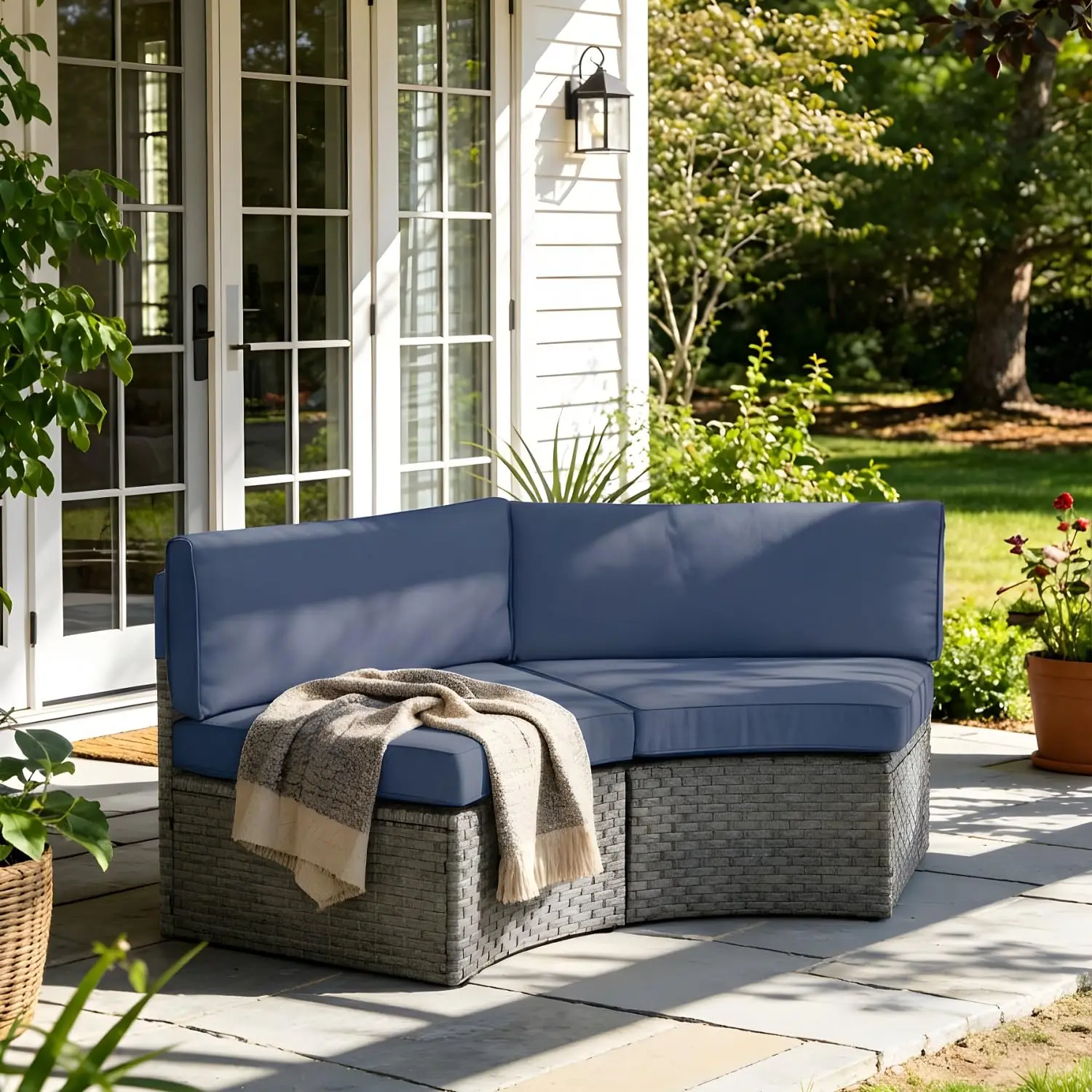 2-Piece Outdoor Curved Patio Sofa Set Half-Moon Wicker Loveseat Garden Furniture, Customized