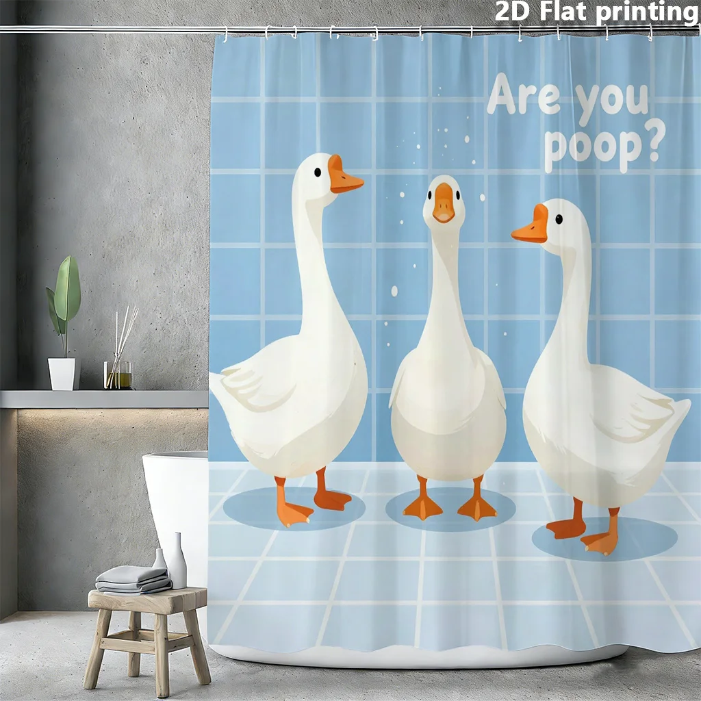 Funny White Goose Shower Curtain, Cute Cartoon Duck Waterproof Bath Curtain, Humorous Bathroom Decor for Kids Room