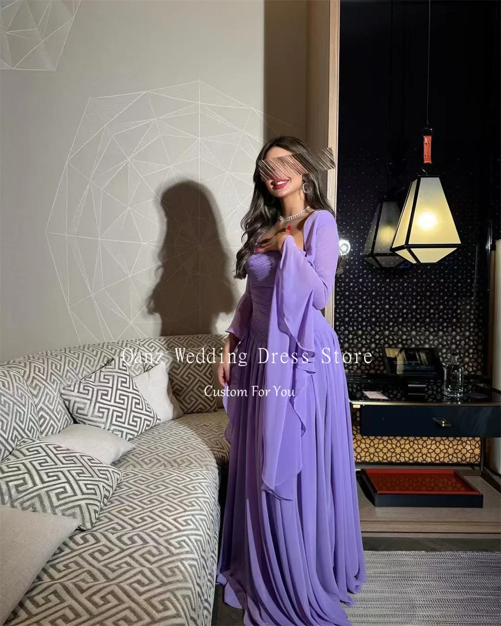 Qanz Customized Evening Dresses Purple Chiffon Long Sleeves Floor Length Party Dresses Dubai Formal Occasion Gowns for Women