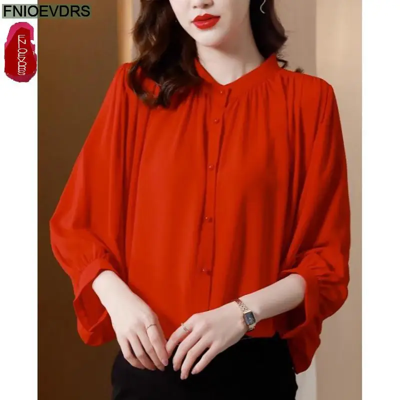 

M-4XL 2023 Loose Clothes Women French Design Elegant Office Lady Button Shirt Casual Retro Red Green White Tops Blouses