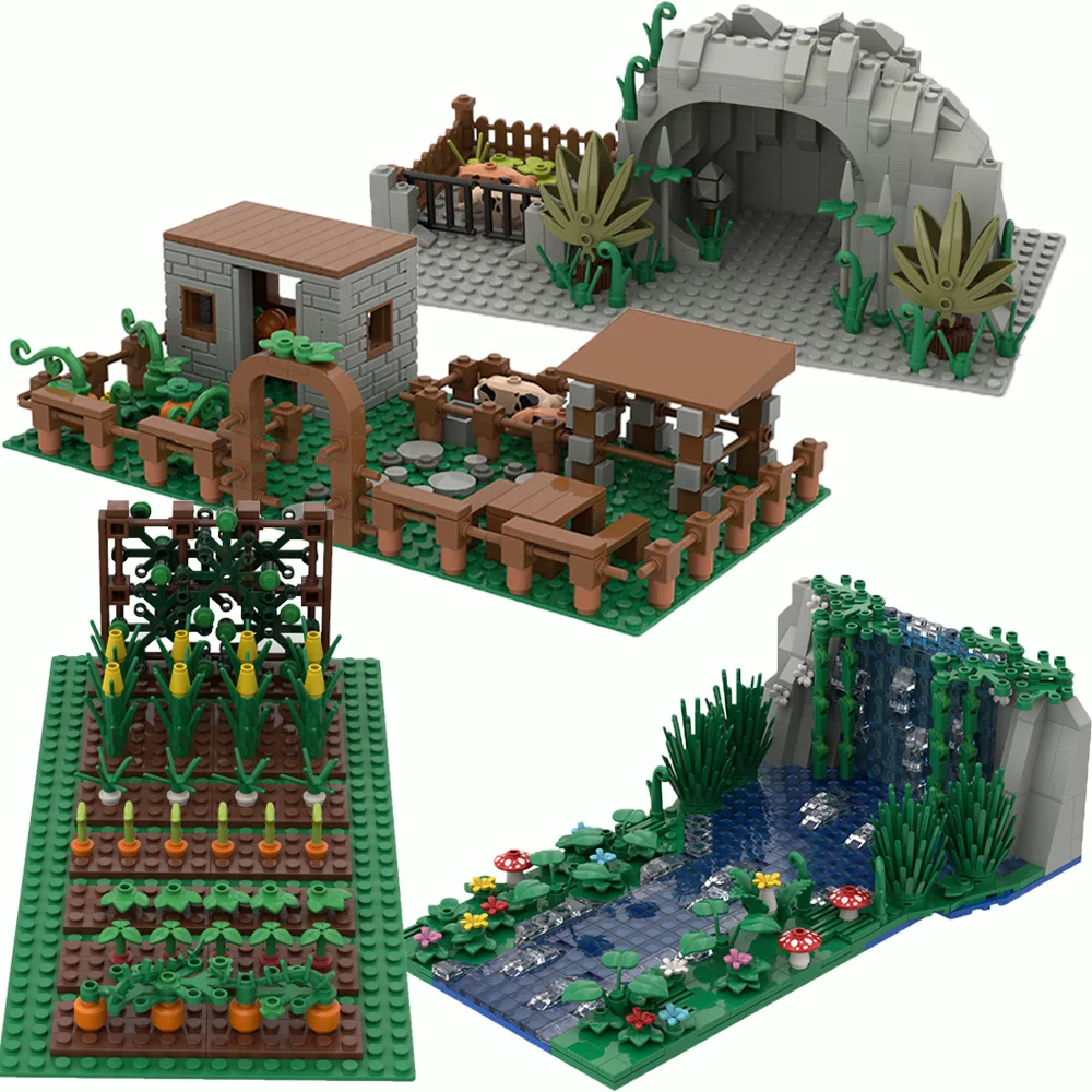 Kreatives Bausteine-Set: Landschaftsmodell mit Berg, Wasserfall, Steinteich, Kürbisfarm, Blumen und Pflanzen pflanzen