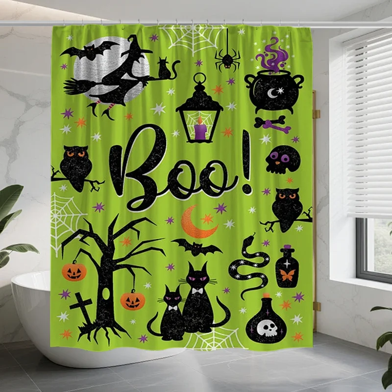 Green Halloween Shower Curtain, Witch Cat Spider Web Waterproof Bath Curtain, Spooky BOO Text Holiday Bathroom Decor