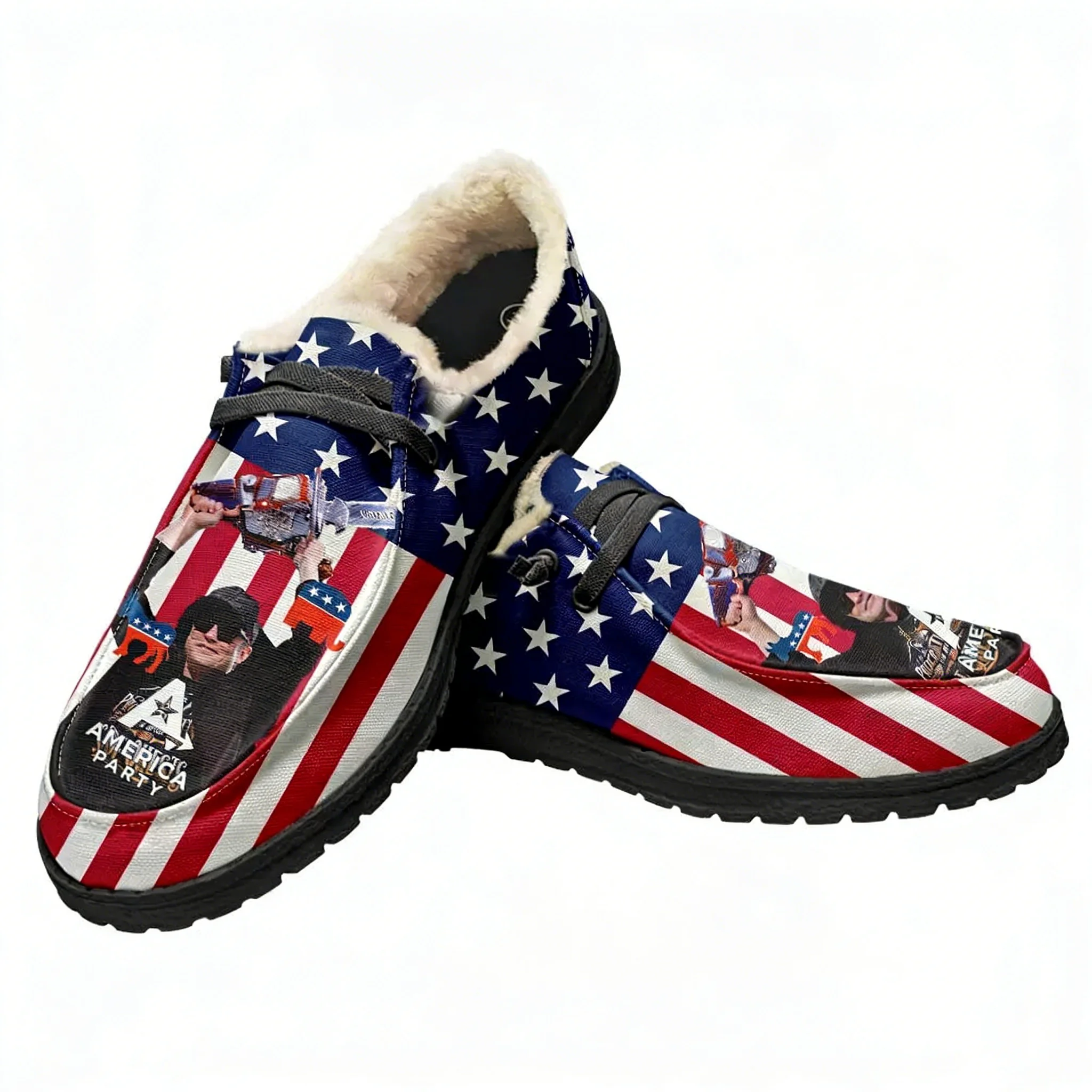 

America Party Plush Loafers Men Woman Casual Flat Shoes Elon Musk Durable Elastic Warm Lightweight Footwear Custom Shoe Black