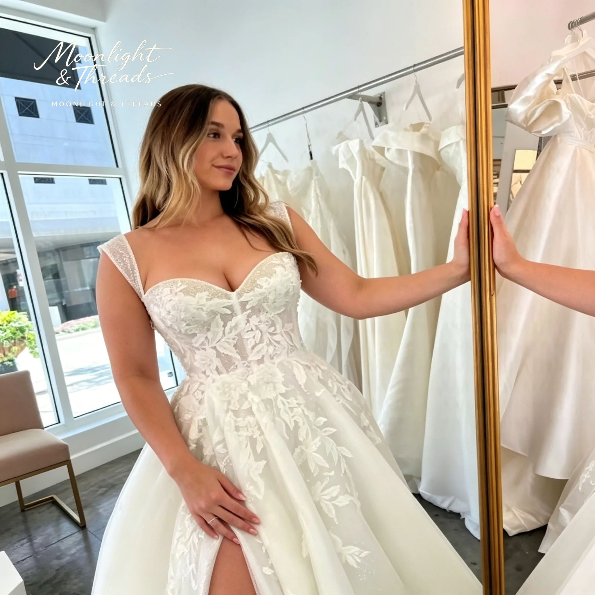 

White V-neck off-shoulder sleeveless A-line skirt floor-length formal occasion wedding dress with embroidered slit skirt