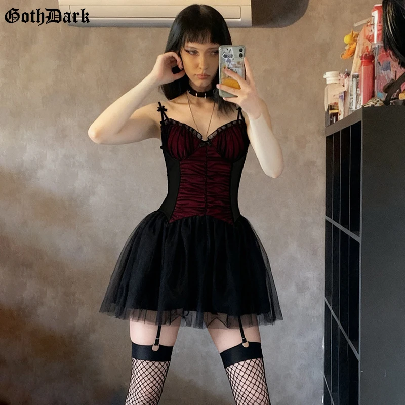 

Goth Dark Bow Detail Mesh Hem A-Line Mini Dress Women Outfits Gothic Sleeveless Hooks and Eyes Tutu Skirt Slip Dresses Halloween