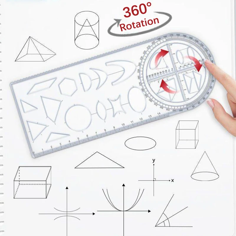 Regla de dibujo geométrica móvil multifuncional para estudiantes de matemáticas, 1 piezas, 360 °, portátil, transparente, 3D