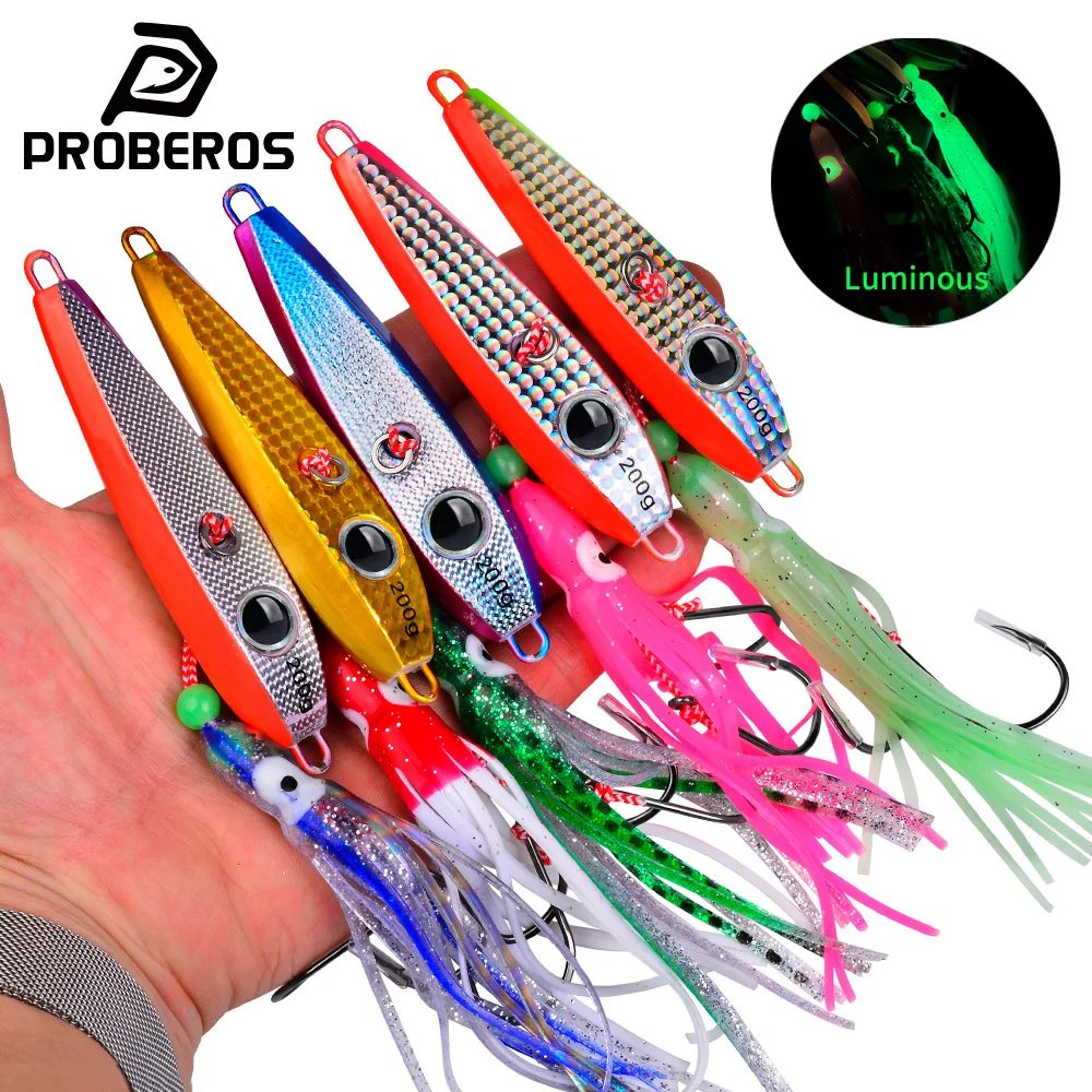 PROBEROS Sea Fishing Tuna Fake Lures 2pc Luminous Squid Skirt Double Hook Fish Bait 60-200g Deep Sea Slow Shake Iron Plate Bait view 2