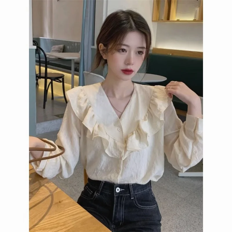 

Ruffled V-neck Apricot Long-Sleeved Shirt Women's Autumn Design Sense Niche French Style Gentle Fairy Temperamental Top