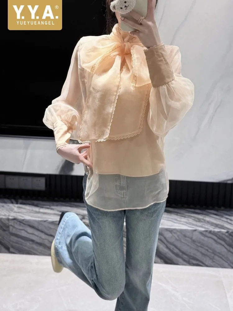 

Высококачественная летняя офисная женская шелковая блузка с бантом, однотонная, с пышными рукавами, свободного кроя, с длинными рукавами, в стиле пэчворк, пуловер-топ