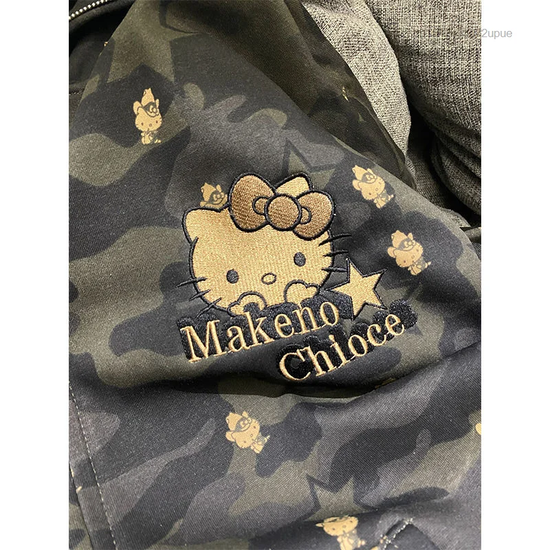 Sanrio Hello Kitty Amercian Style felpe con cappuccio donna Trend felpe larghe Cartoon Camo giacca ricamata Y2k coppie Zip Up Tops