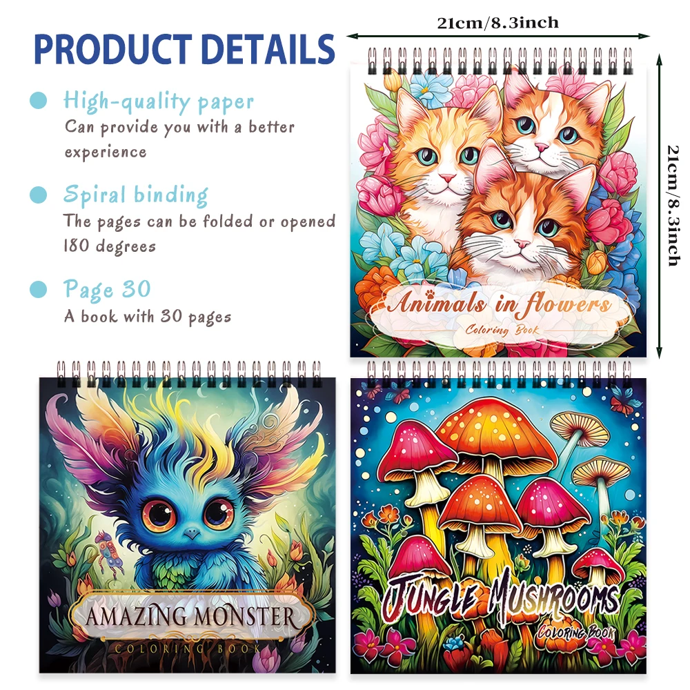 3 قطع من كتاب التلوين النسائي، أنماط وحش خيالية على شكل فطر القطط، سميكة 30 صفحة حلزونية، هدية مثالية للاسترخاء