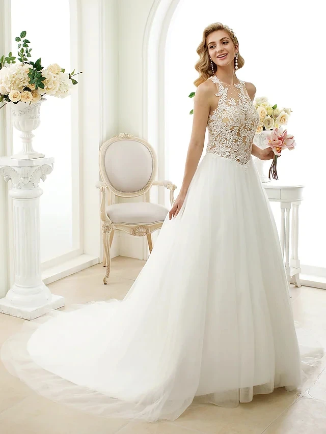 

Exquisite A-Line Long Wedding Dresses Jewel Neck Chapel Train Lace Tulle Lace Over Tulle See-Through Back Bridal Gowns
