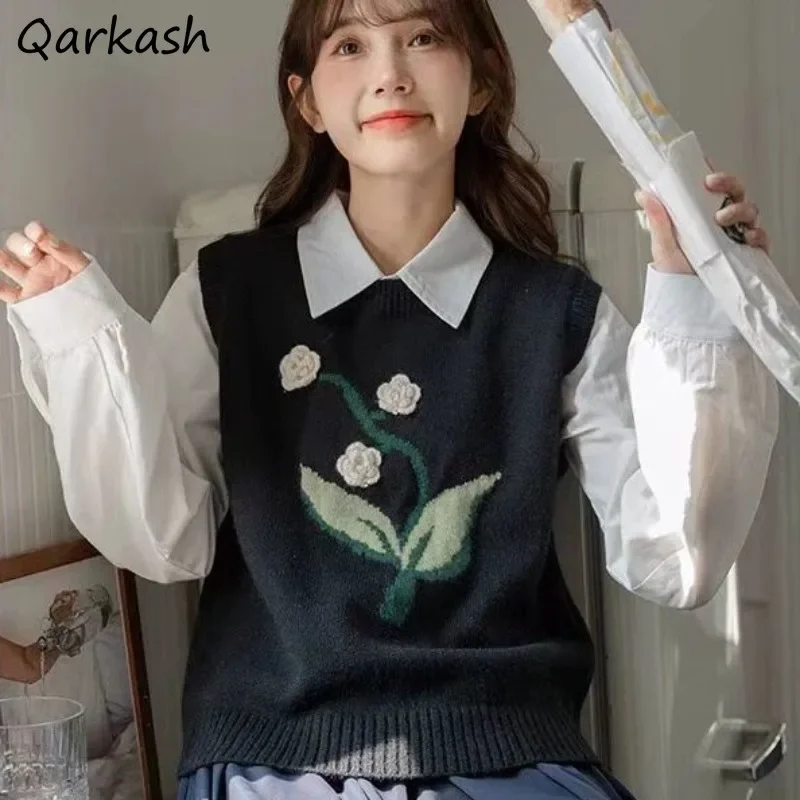 

Japanese Sweater Vests Women Preppy Style Sweet Jacquard 3D Flower Loose Sleeveless Knitting Outerwear Design All-match Stylish