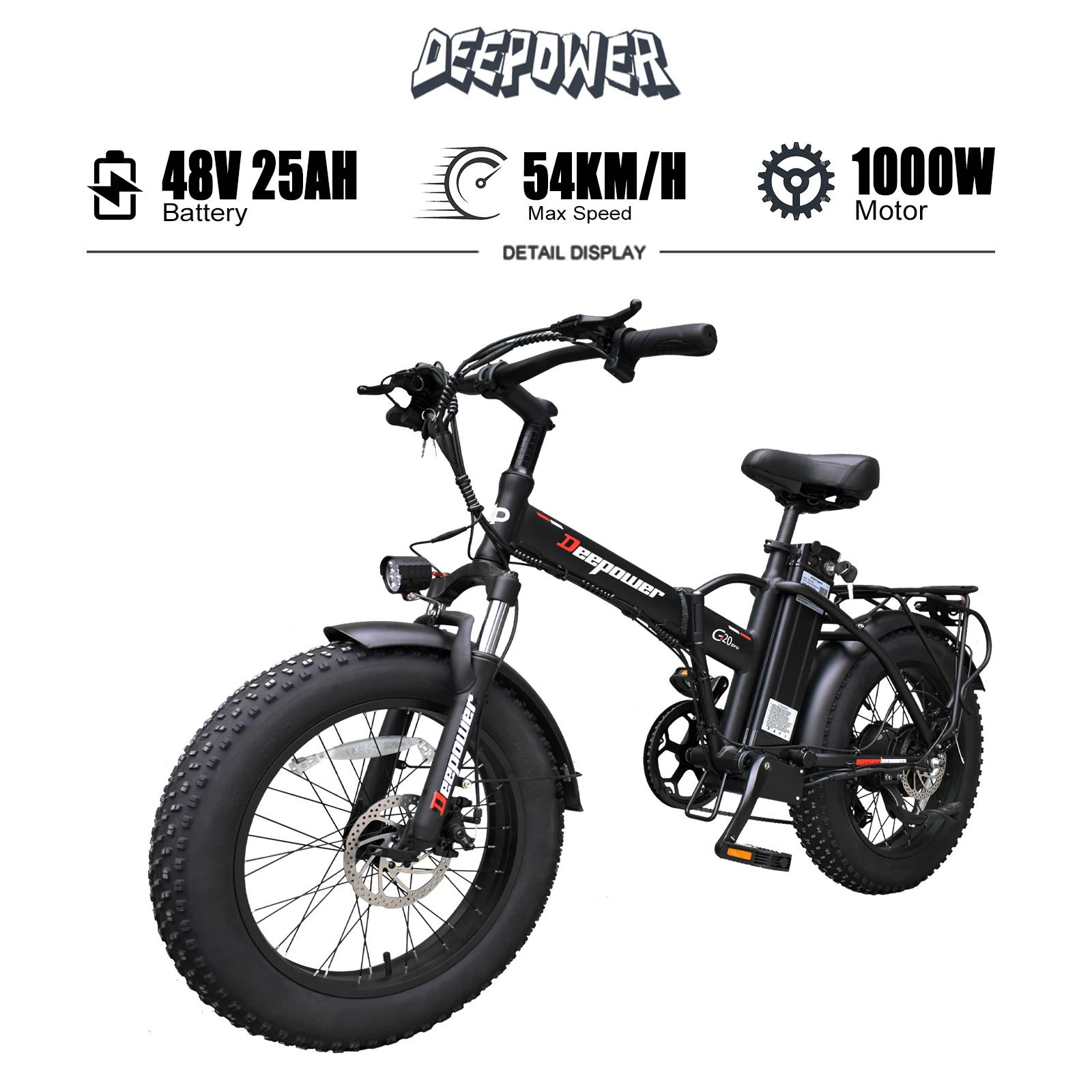 DEEPOWER G20Pro 1000W Folding Electric Bicycle 1000W 48V 25AH Fat Tire Ebike Mountain 20 Inch Electric Bike Beach Cycling E bike