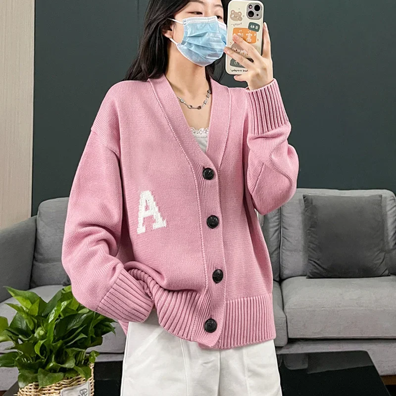 Couples Wear Knitting Cardigans Letter 2024 V-neck Sweaters Women Solid Color Casual Wool Knitted Tops Men Clothing Cotton Loose