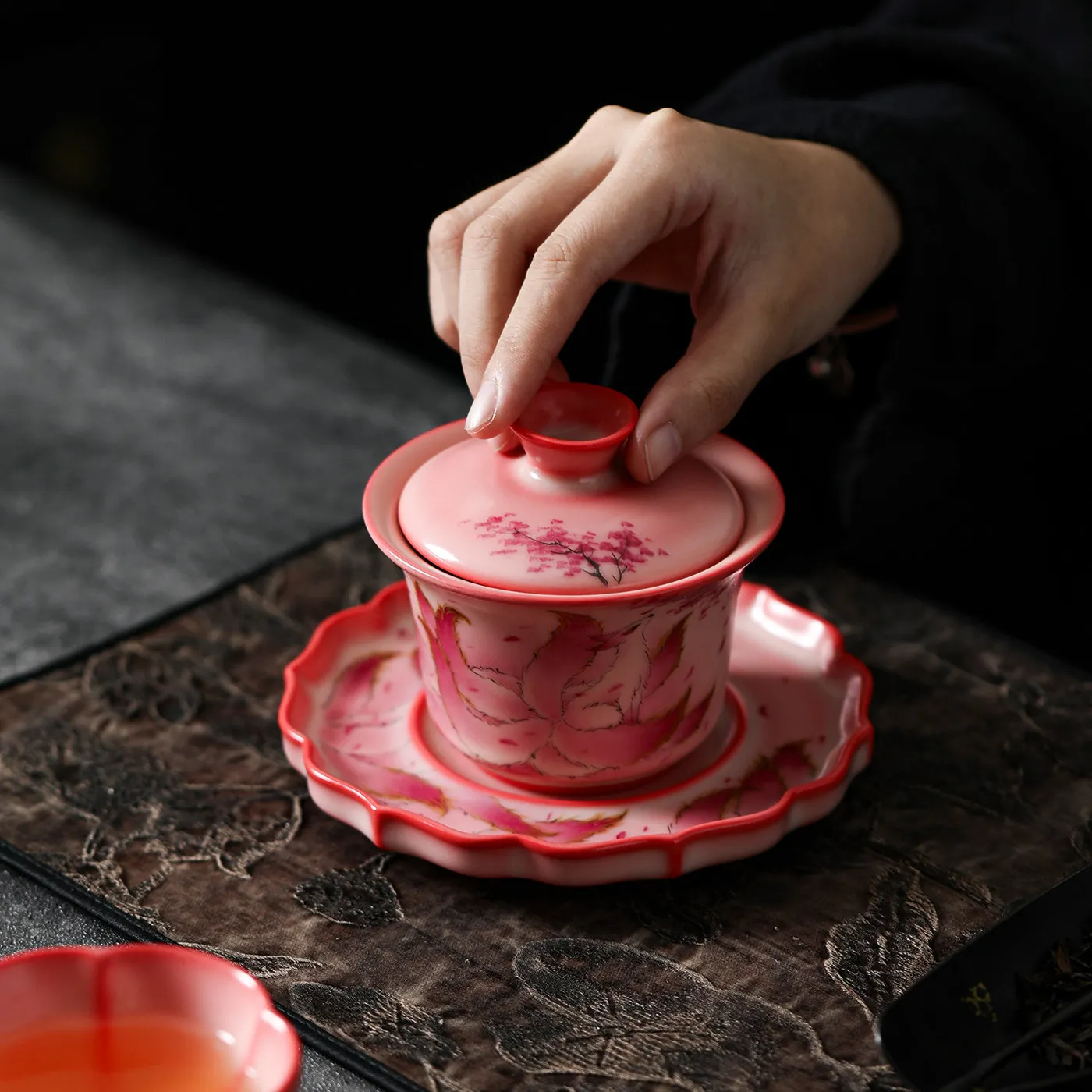 Hand Painted Nine Tailed Three Piece Gaiwan, Ceramic Lidded Tea Bowl and Tea Brewer for Home, Studio and Office Tea Breaks