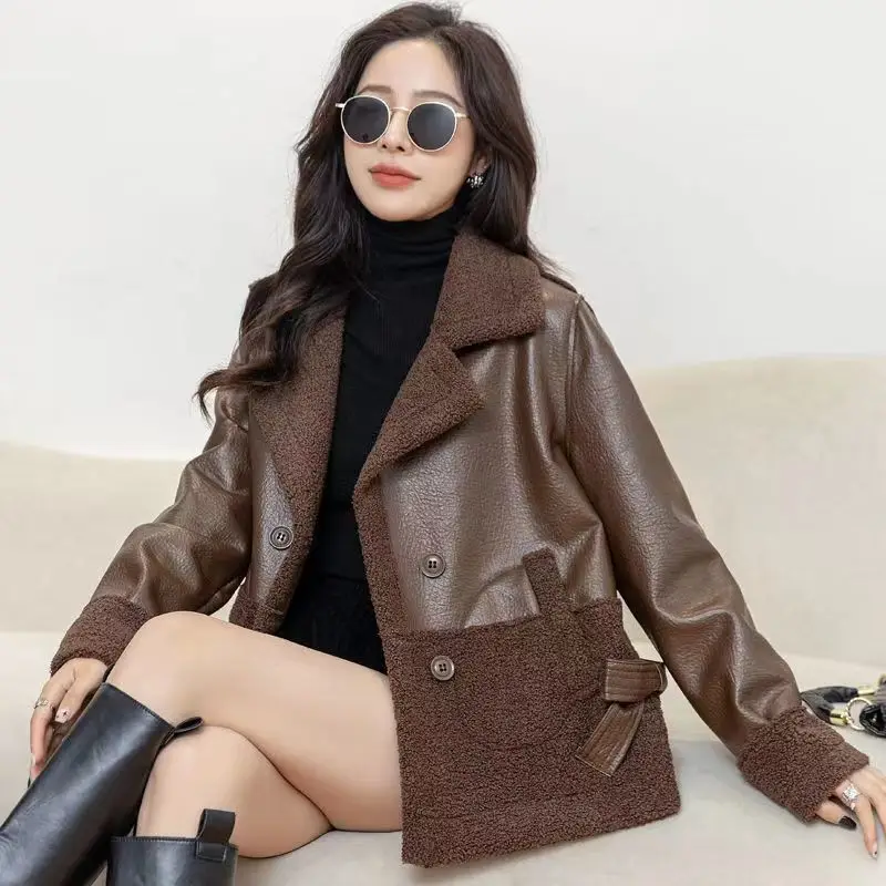 Women Fur One-piece Outwear Winter Female Integrated Fur And Leather Coat 2024 Lady Large Size 5XL Bow Wear On Both Side Jacket