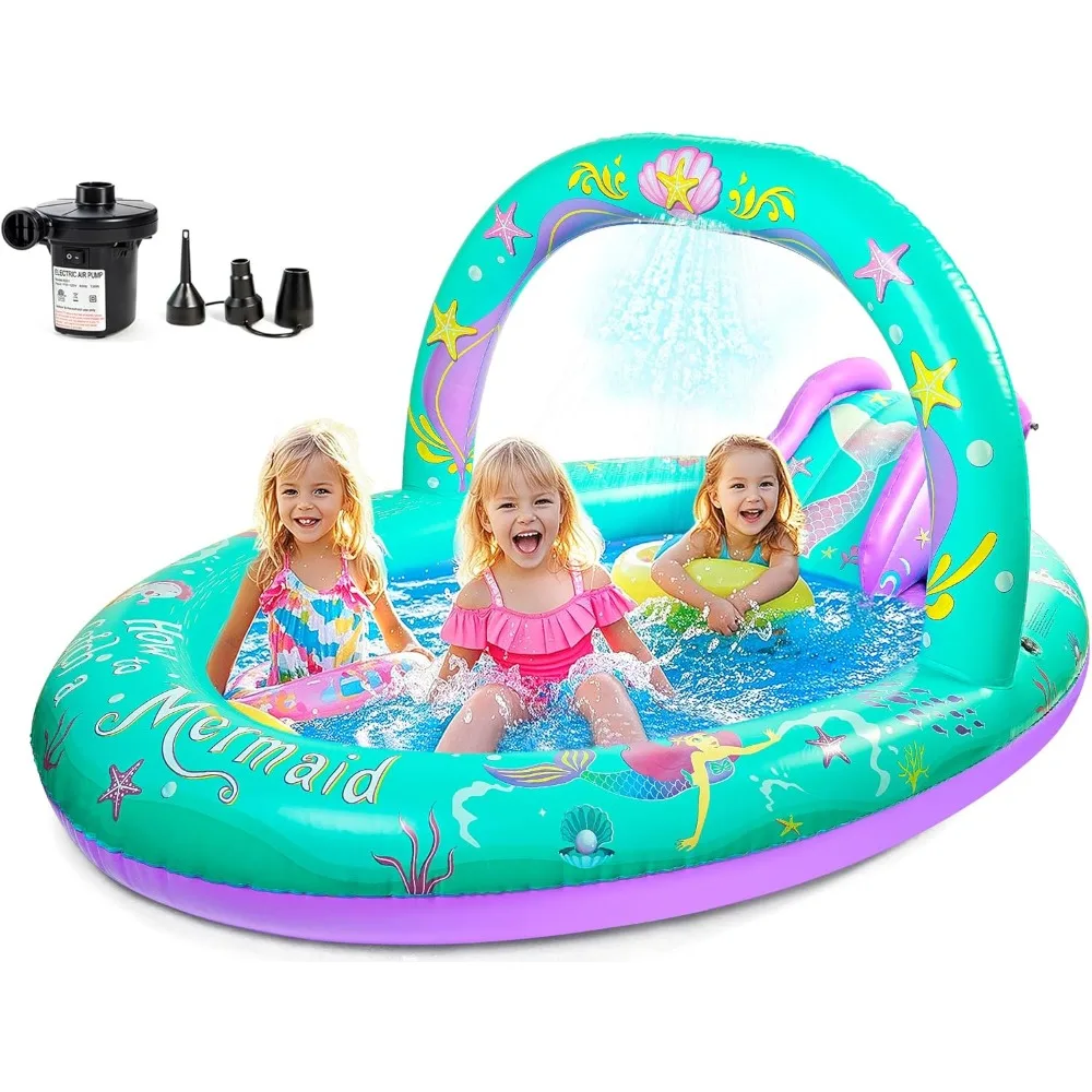 

Mermaid Inflatable Play Center Kiddie Pool with Slide and Sprinkler for Children, 96''x59''x39'' Baby Pool for Backyard and Gar