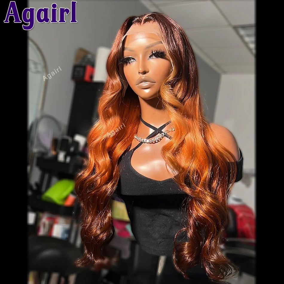 Ombre Orange Brown 13x6 Lace Front Body Wave Human Hair Wigs Brazilian Colored Transparent Lace Frontal Wig For Women PrePlucked