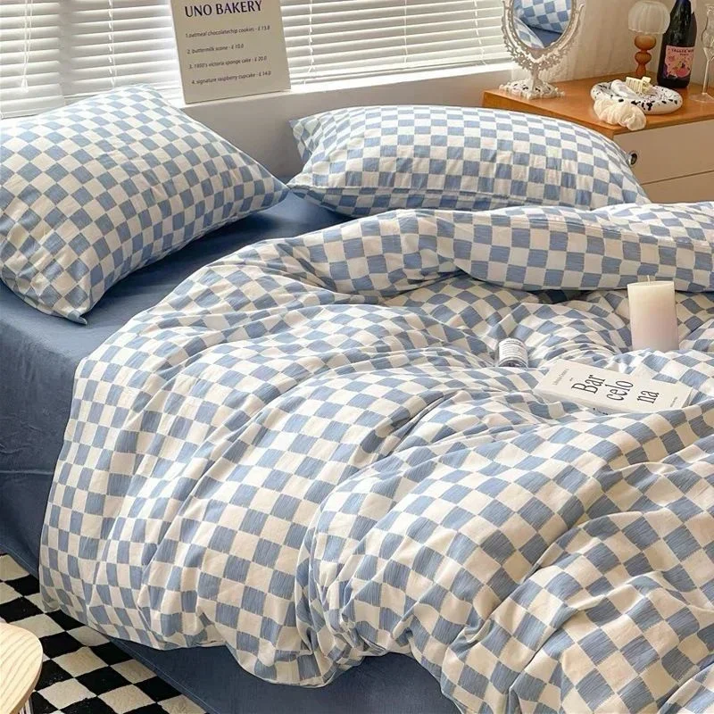 Nordic Blue Chessboard Bedding Set Fashion Lattice Duvet Cover Twin Full Queen King Size Bed Flat Sheet Pillowcase Girls Women