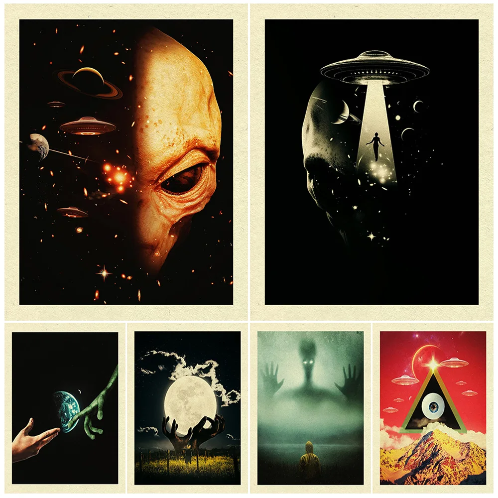 

Alien Observer And Ufo Vintage Wall Art Canvas Painting,Surreal Fantasy Gothic Art Poster And Print For Living Room Decoration