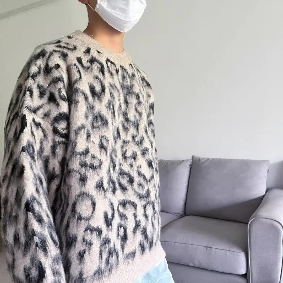 

Autumn Winter Large Size 35kg Trendy New Color Blo Leopard Print Knitted Sweater round Ne Couple Sle Warmth Youth Faion