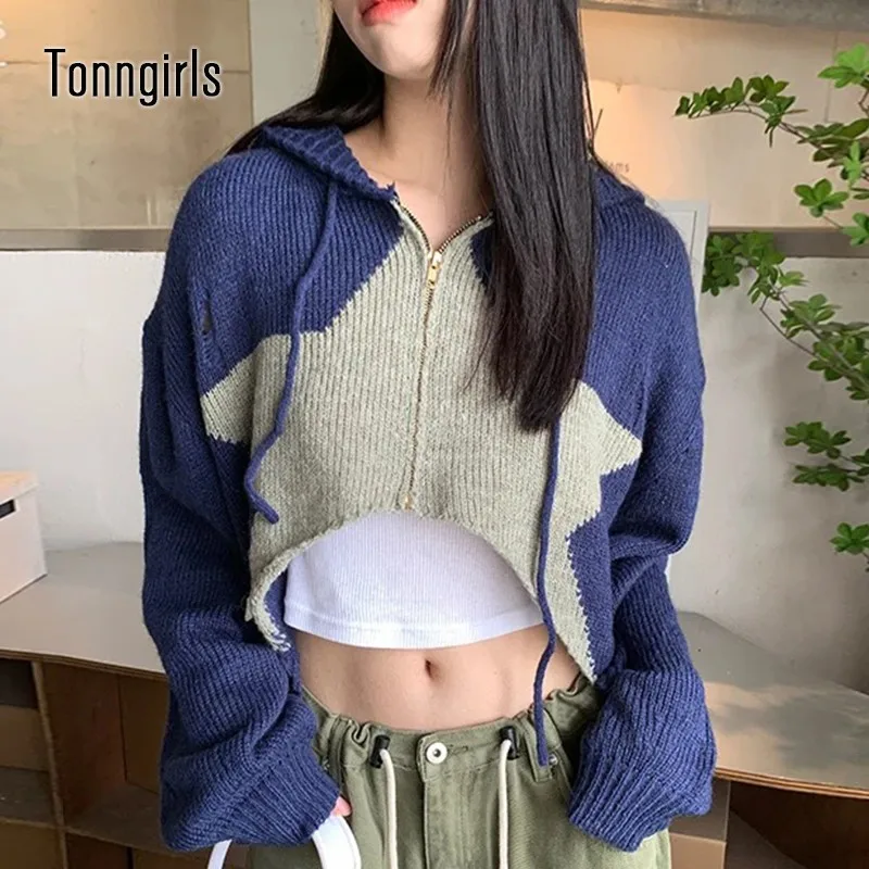 Tonngirls Y2k Retro Cardigan Women Patchwork Stars Sweater Vintage Knitted Cropped Hooded Sweater Streetwear Cashmere Cardigan  