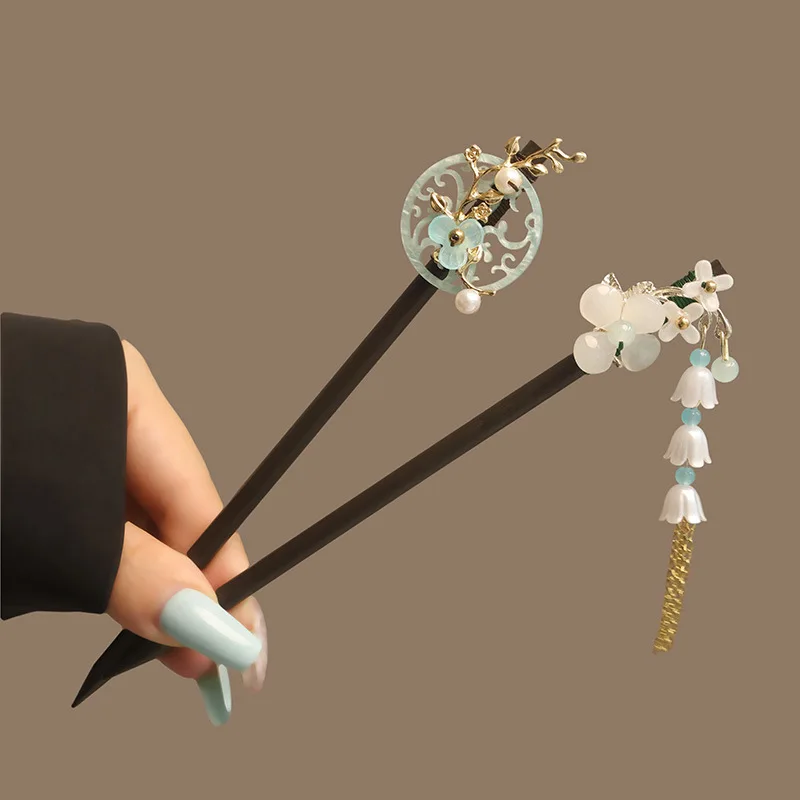 Flower Tassel Pearl Hair Sticks Wooden Hair Fork Hairpin Chinese Style Handmade Floral Hair Stick Women Hanfu Hair Accessories image 4