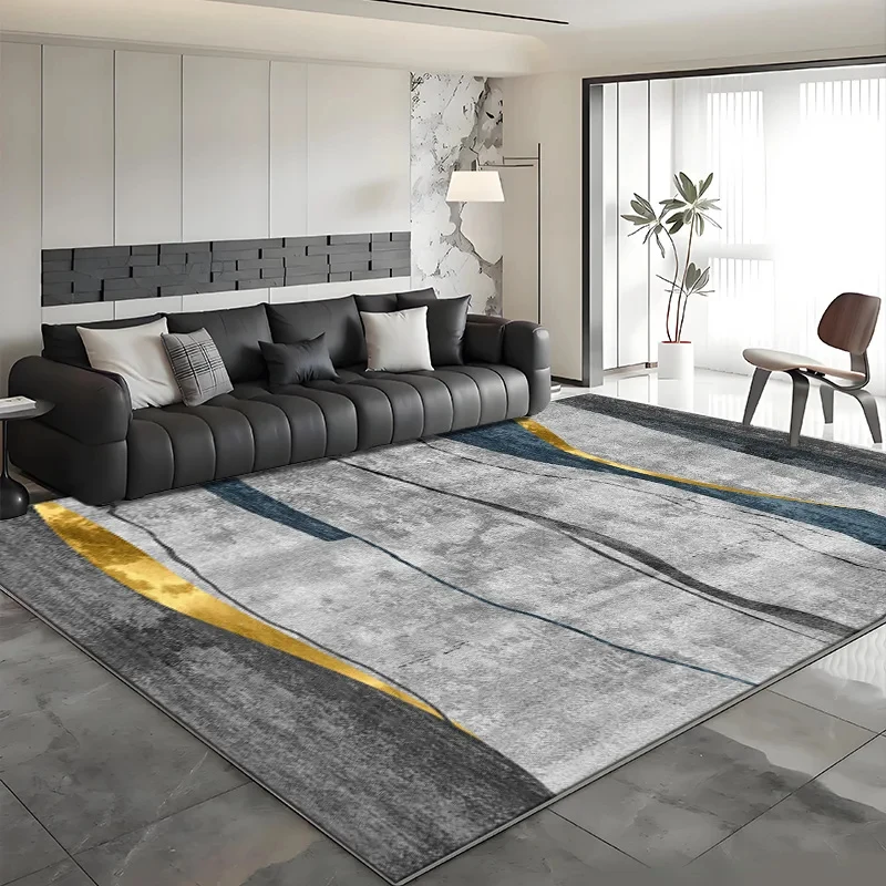 VIKAMA Modern Abstract Area Rug with Gold Line Blue & Gray Non-Slip Washable Carpet for Living Room, Bedroom, Home Decor