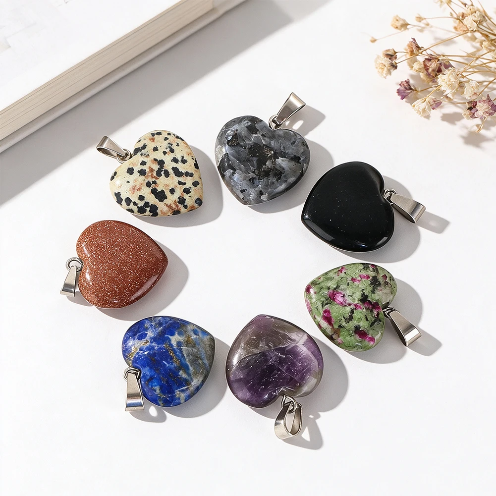 Natural Gemstone Heart Pendant Amethyst Lapis Lazuli Goldstone Obsidian Crystal Necklace Chakra Healing Jewelry Ladies Gifts 2cm