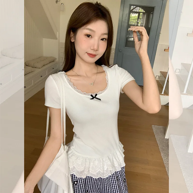 

Korean Style Fashion Inner Wear Elegant Lace Trim Patchwork Hem Bow Short Sleeve T-Shirt for Women Summer Stunning Top