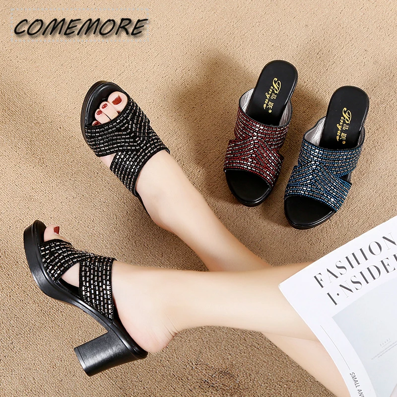 Women\'s Open Toe Slippers Sequins Platform Sweet Elegant Summer Fashion Popular Comfort High Thick Heel Casual Black Sandals PU