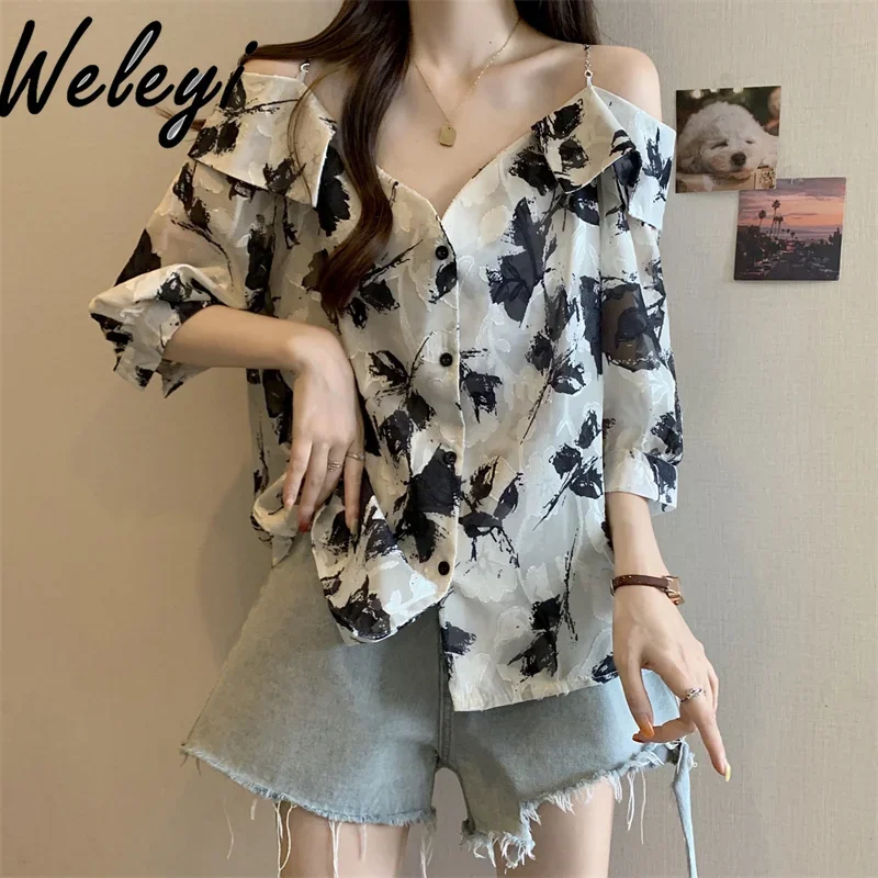 

French Off-the-shoulder Collar Floral Printed Shirt for Women Summer Short Sleeve Top Elegant Women's Top Oversized Blusas Mujer