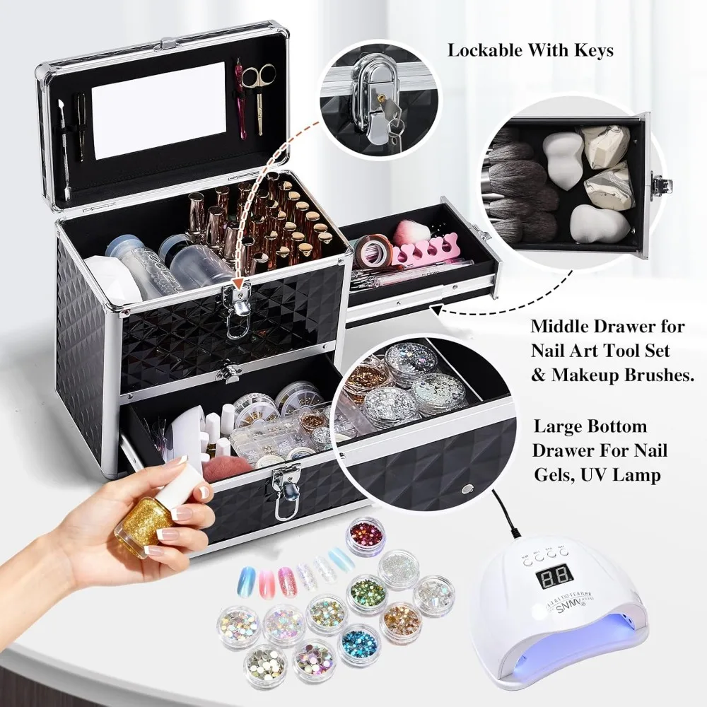 Lockable Nail Polish Organizer Case with Mirror, Drawers & 28 Slots - Portable Makeup Storage Box