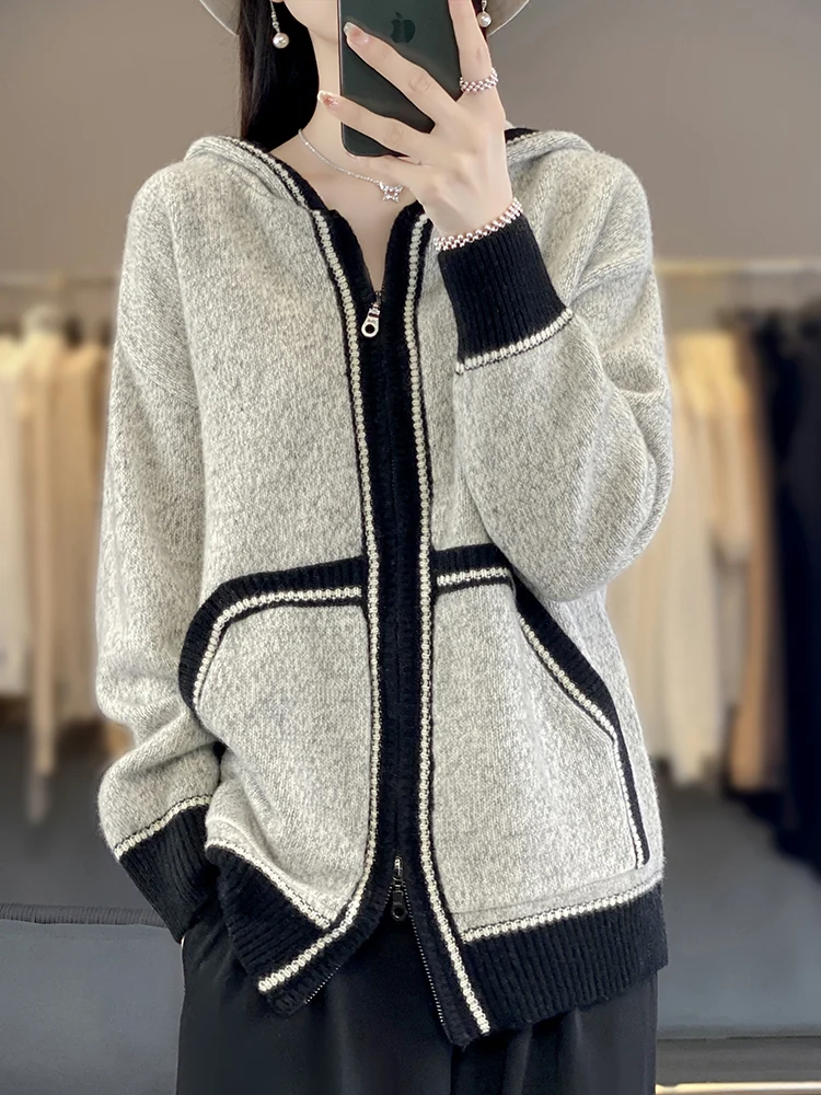 Autumn Winter New Cashmere Zipper Cardigan Women\'s Hooded Knit Coat Fashion Match Color Thicken Jacket Loose Large Size Hoodie