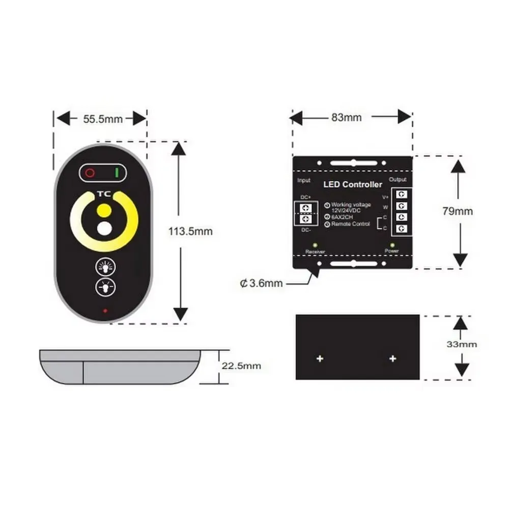 LED full touch infinite CCT dimmer suitable for LED color temperature light with RF wireless remote control DC12V 24V