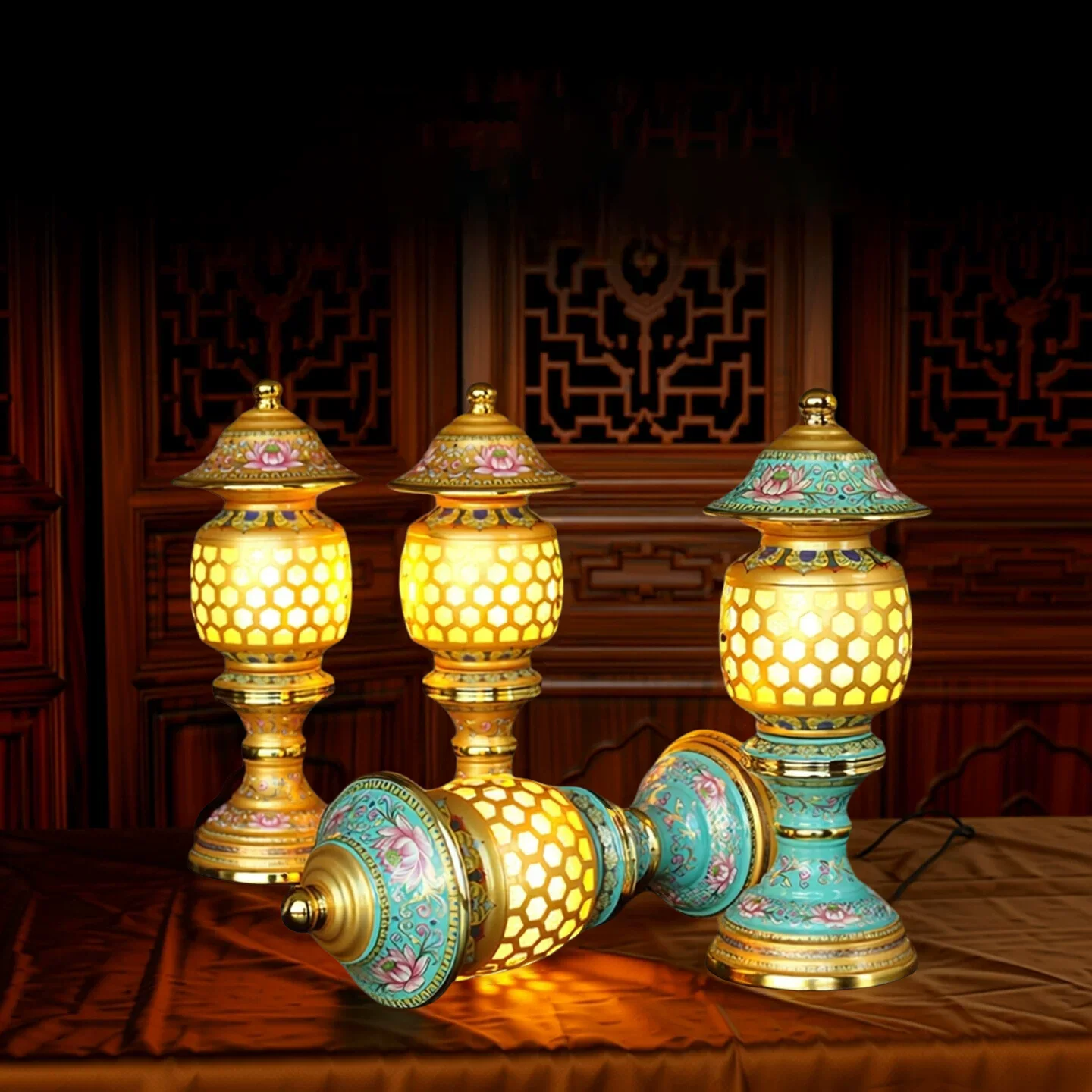 Buddha Offering LED Lamp, Enamel Lotus Plug-in Altar Light, Ever-Burning Lamp for God of Wealth Shrine, Colorful Home Temple Dec