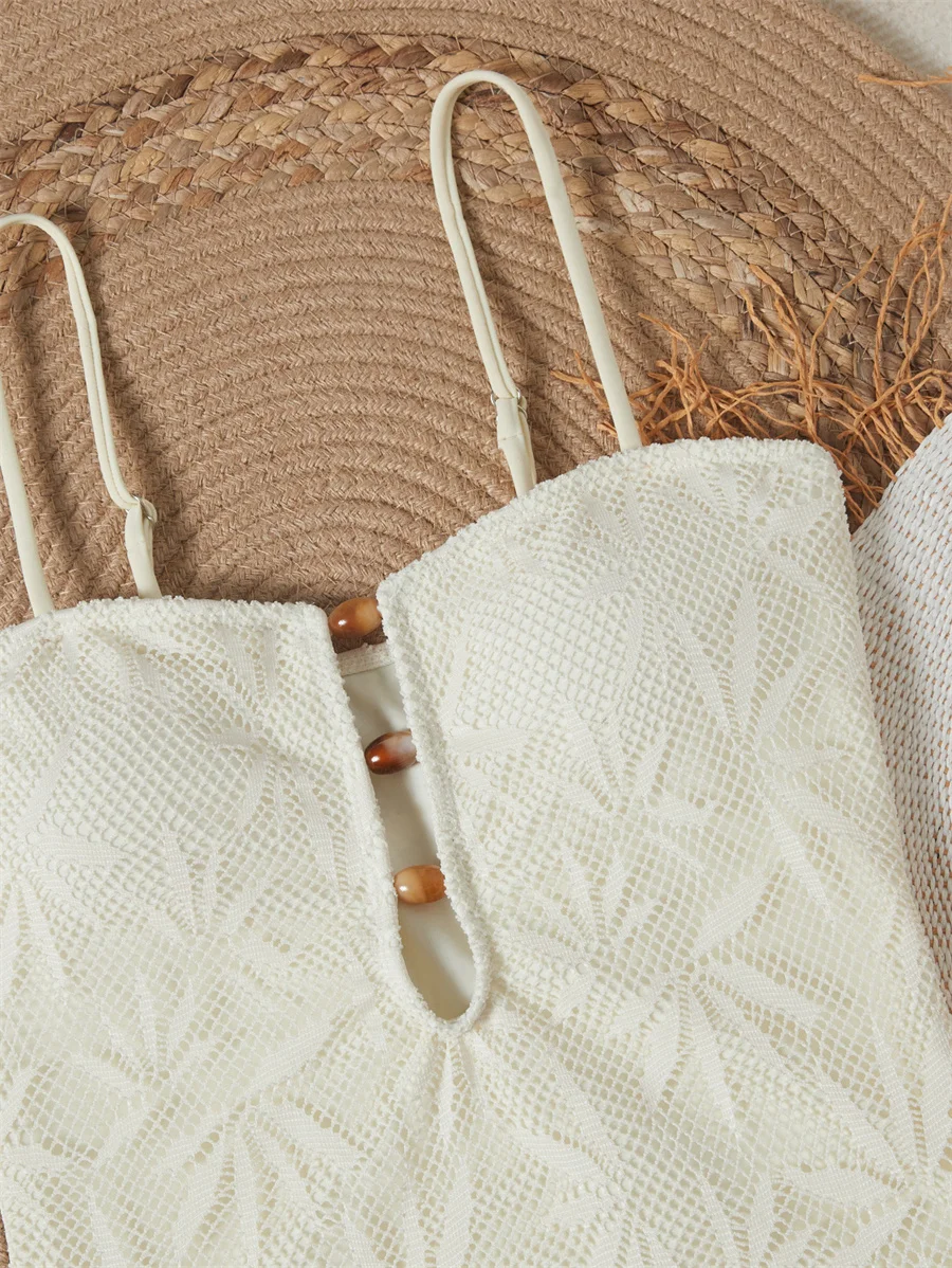 Einteiliger Badeanzug für Damen, gehäkelte Spitze, tiefer V-Ausschnitt, sexy Badeanzug, Sommer, Strandurlaub, Bademode, verstellbarer Riemen, Monokini – Detail 12