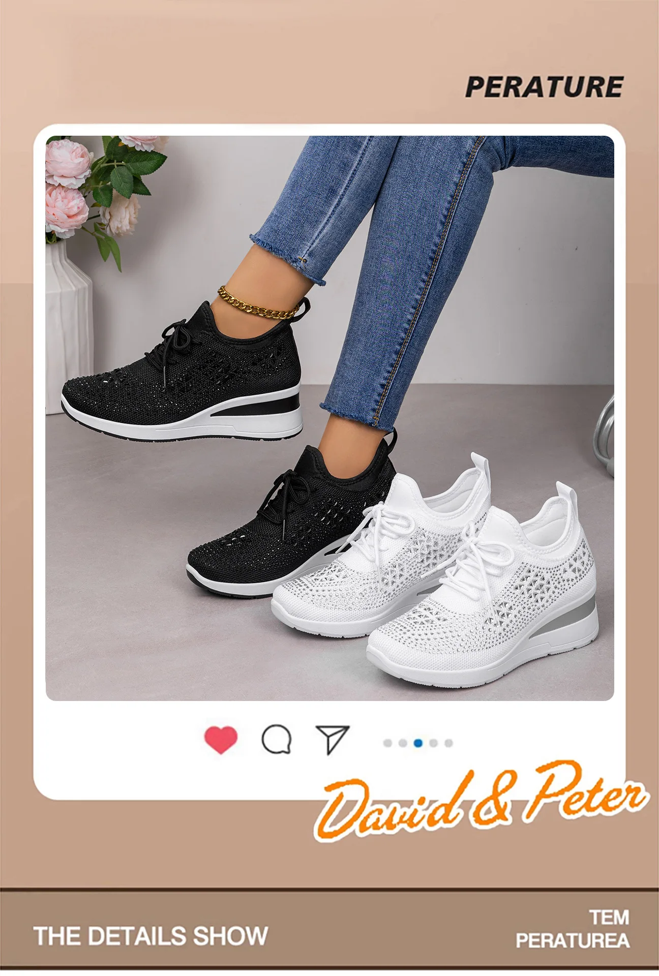 Damen-Sneaker mit Strass-Keilabsatz, atmungsaktives Strickobermaterial, versteckter Absatz, Schnürung, modische Plateau-Walkingschuhe – Detail 2