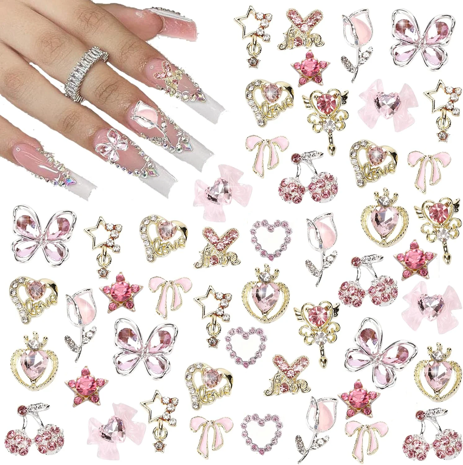 

24PCS Nail Charms Y2k Alloy Nail Art Rhinestone Charms 3D Heart Star Bow with Rhinestones Cherry Nail Gems Shiny Jewelry