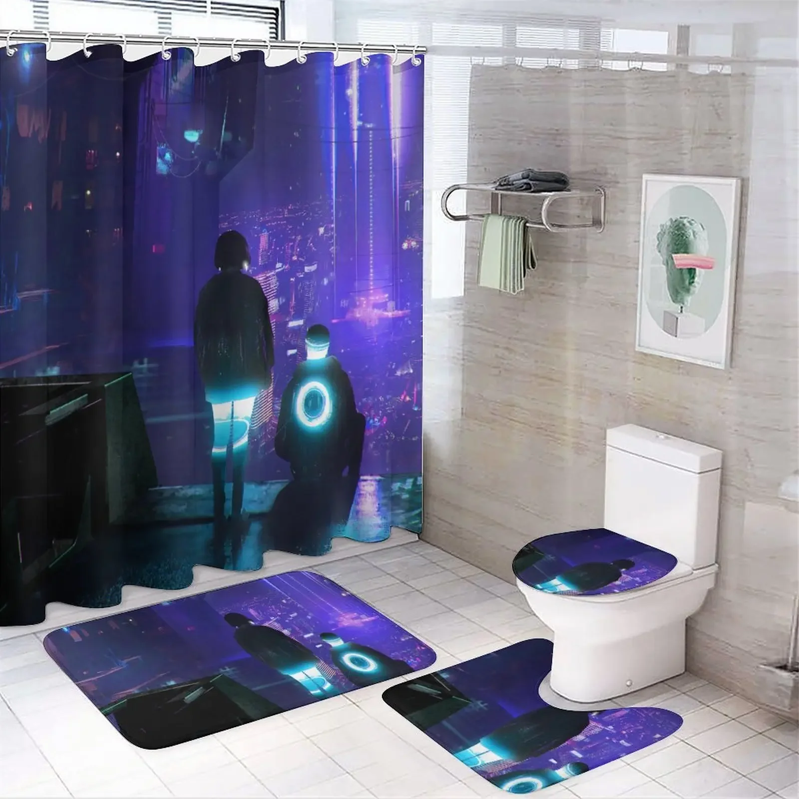 Set of 4 Printed Shower Curtain Decoration Bathroom Waterproof Cover Screen Cushion Toilet  Cover