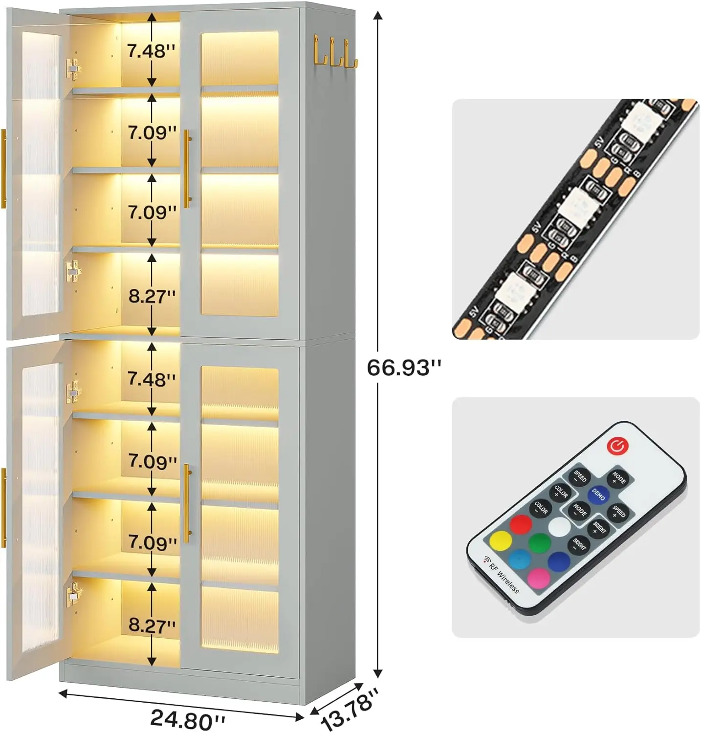 Tribesigns Bookcase With Doors And Led Light, 67-Inch Tall Gray Bookshelf With 8-Tier Adjustable Shelves And Hanging Hooks,