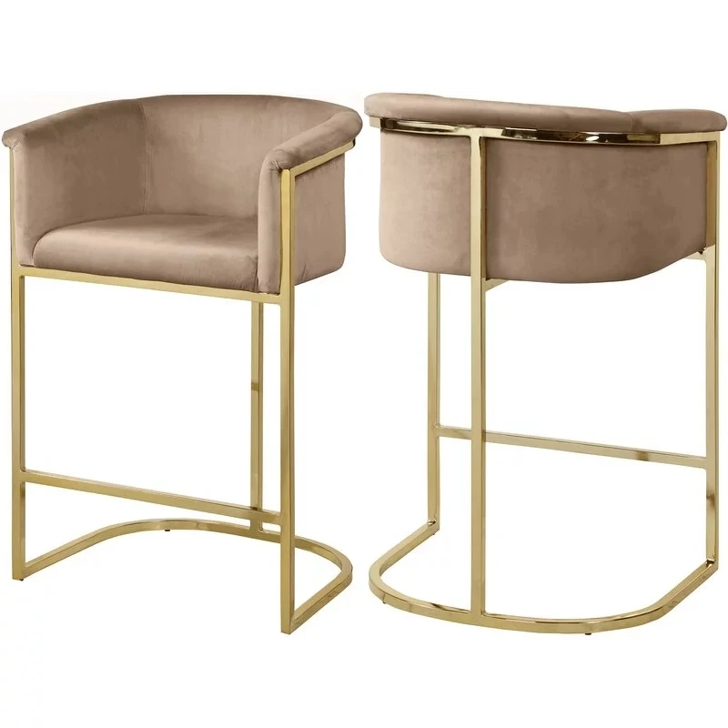 

Gold Metal Accent Blue Curved Bar Stool With Velvet Seat