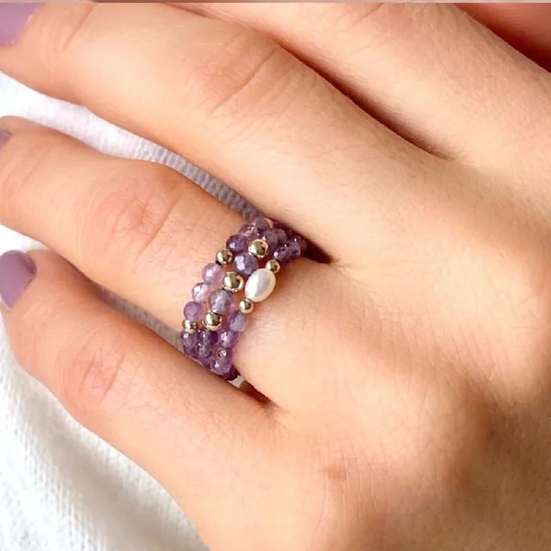 Crystal Ring Stackable  Bead  Boho  Birthstone  Chain Ring - view 5