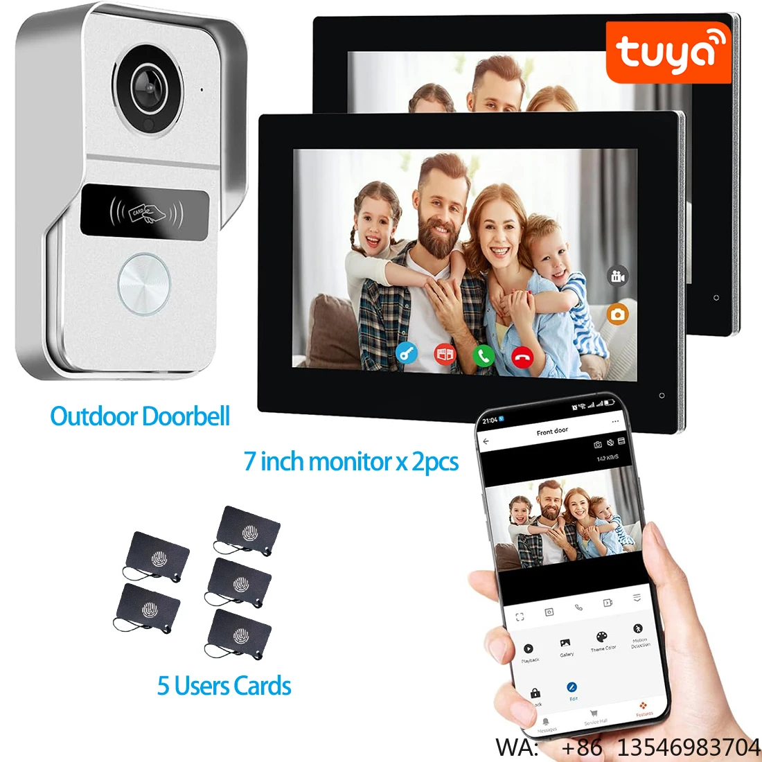 2 Wired Video Doorbell Intercom System with 1-Camera and 2-Monitor 7 Inch Touch Screen Support Remote Unlock Dual-Way Intercom