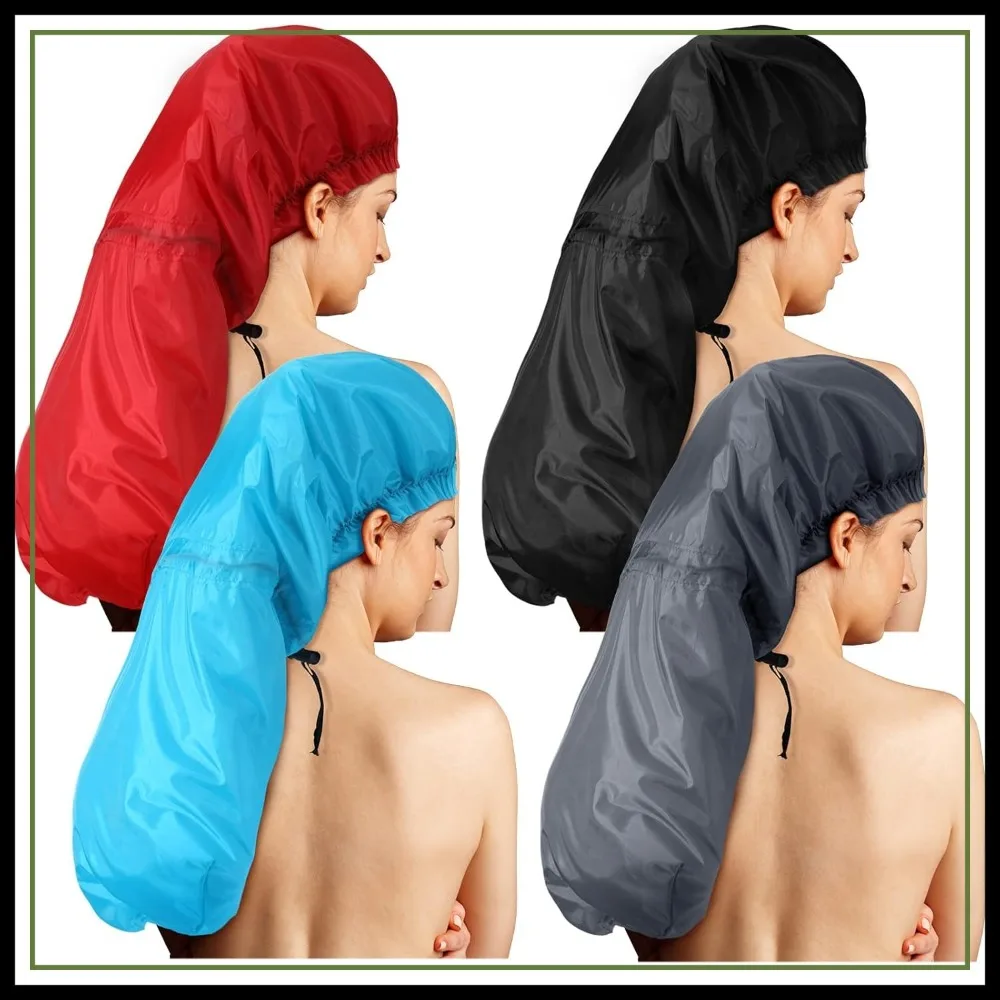 

4 Pack Extra Long Shower Cap for Braids, Large Waterproof Reusable Hair Bonnet for Long Hair, Drawstring Bath Cap